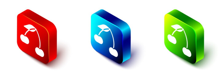 Isometric Cherry icon isolated on white background. Fruit with leaf symbol. Red, blue and green square button. Vector