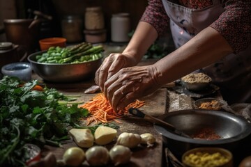 Cooking vegetables with active hands. (Generative AI)