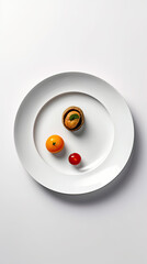 An overhead view of a minimalistic breakfast on a white plate, isolated on a solid background, generative AI