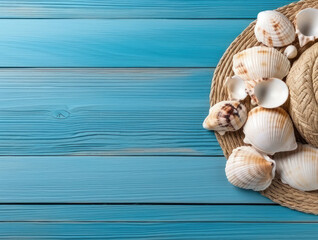 seashells on blue wooden plank