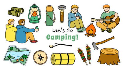 Set collection of camping items and characters. Camping. Adventure nature clipart. isolated element, hand-drawn style, vector illustration.