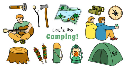 Set collection of camping items and characters. Camping. Adventure nature clipart. isolated element, hand-drawn style, vector illustration.