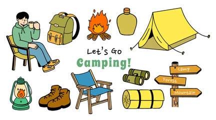 Set collection of camping items and characters. Camping. Adventure nature clipart. isolated element, hand-drawn style, vector illustration.