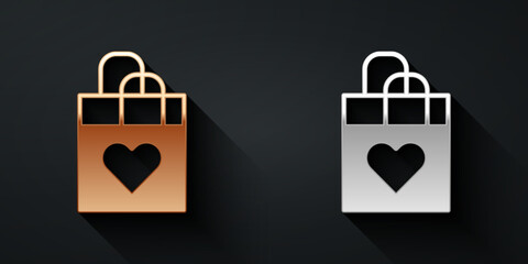Gold and silver Shopping bag with heart icon isolated on black background. Shopping bag shop love like heart icon. Happy Valentines day. Long shadow style. Vector