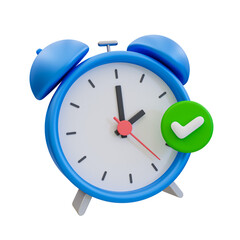 3d minimal punctual concept. be on time concept. alarm clock with checkmark. 3d illustration.