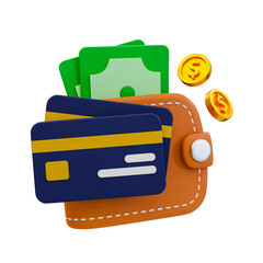 3d minimal financial management. expense organization. budget planning. wallet with credit cards, banknotes, and coins. 3d illustration.