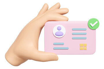 3d hand hold Id card icon with check mark isolated. human resources, plastic card, Job search concept, 3d render illustration