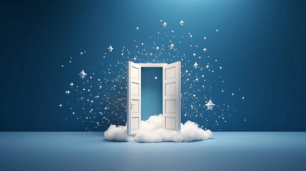 3d abstract blue background with door, white clouds flying out and stars. Dream metaphor, modern minimal concept, Generative AI