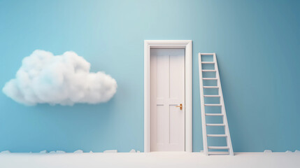 3d abstract blue background with door, ladder and white clouds flying out. Dream metaphor, modern minimal concept, Generative AI