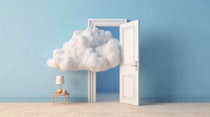 3d abstract blue background with door, ladder and white clouds flying out. Dream metaphor, modern minimal concept, Generative AI