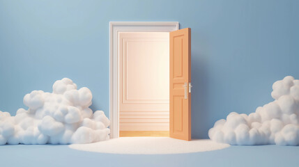 3d abstract blue background with door and white clouds flying out. Dream metaphor, modern minimal concept, Generative AI