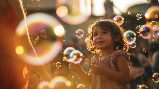 Children mesmerized by bubbles in a colorful playground, during a late afternoon with vibrant. Generative AI.