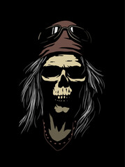 Biker skull with bandana and glasses on a black background. Vector illustration.