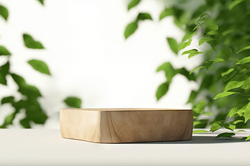 Natural Wooden Product Display Podium with Blurred Leafy Background - 3D Rendering. created with Generative AI