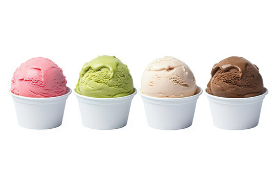 Delicious ice cream scoops in white cups of chocolate, strawberry, vanilla, and green tea flavors isolated on white background. created with Generative AI