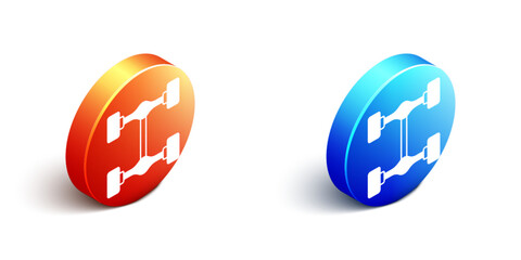 Isometric Chassis car icon isolated on white background. Orange and blue circle button. Vector