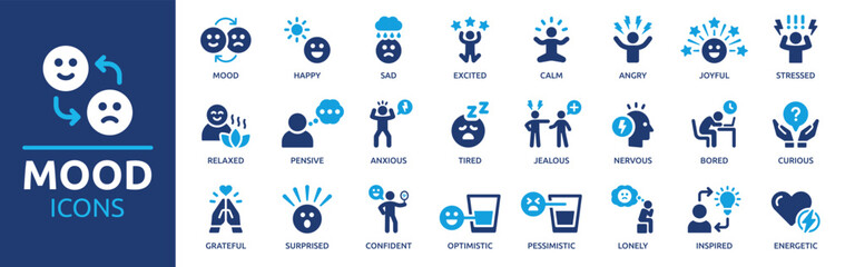 Mood icon set. Containing happy, sad, excited, calm, angry, tired and stressed icons. Solid icon collection. Vector illustration.