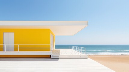 Fototapeta na wymiar Minimal yellow and white beach house and the ocean in the background. Generative AI.
