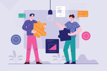 Teamwork purple background concept with people scene in the flat cartoon style. Two businessmen working together to create something new. Vector illustration.