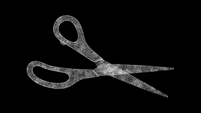 3D scissors on black background. Object made of shimmering particles. For title, text, presentation. 3d animation
