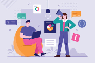 Marketing purple background concept with people scene in the flat cartoon style. A marketer makes announcements on social networks about advertising various products. Vector illustration.