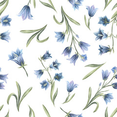 Watercolor Seamless Bluebell Flower Pattern. Hand drawn floral background with Blue Bellflowers for textile design or wrapping paper. Delicate botanical Wallpaper in pastel blue and green colors.