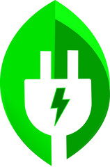 Green leaf with electric plug icon. Renewable power and clean energy. Eco friendly charging symbol. Replaceable vector design. Vector illustration