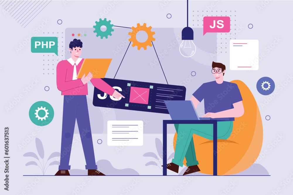 Aufkleber Purple background concept Web design with people scene in the flat cartoon design. Web designers write programming code to create a website design. Vector illustration.