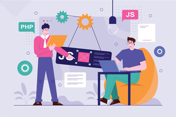 Purple background concept Web design with people scene in the flat cartoon design. Web designers write programming code to create a website design. Vector illustration.
