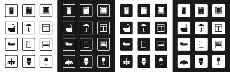 Set Makeup mirror with lights, Table lamp, Washbasin water tap, Closed door, Window the room, Wardrobe, Baby crib cradle bed and Bathtub icon. Vector