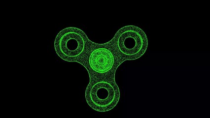 3D spiner on black background. Object made of shimmering particles. Game relax concept. For title, text, presentation. 3d animation.
