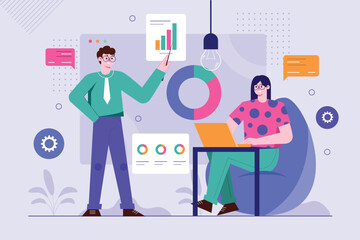 Business analysis purple background concept with people scene in the flat cartoon style. Analysis specialists work with tables and diagrams where there is a lot of important business information.