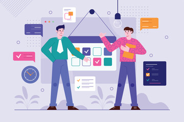 Business planner purple background concept with people scene in the flat cartoon design. Businessmen gathered to write a plan for the future of their cooperation. Vector illustration.
