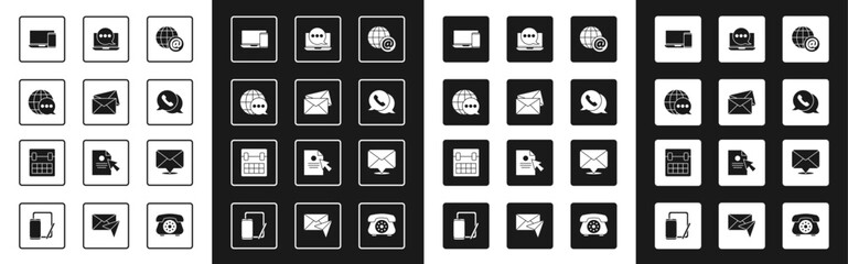 Set Earth globe with mail, Envelope, World map made from speech bubble, Monitor and phone, Telephone chat, Chat messages notification laptop, and Calendar icon. Vector