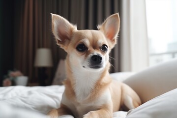 Adorable Dog Relaxing on Bed in Cozy Bedroom with Copy Space. Pet and Home Interior Concept. Generative AI illustrations.