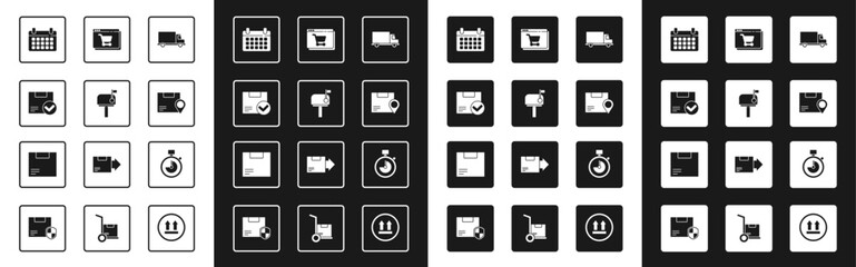 Set Delivery cargo truck vehicle, Mail box, Package with check mark, Calendar, Location cardboard, Online shopping screen, Stopwatch and Carton icon. Vector