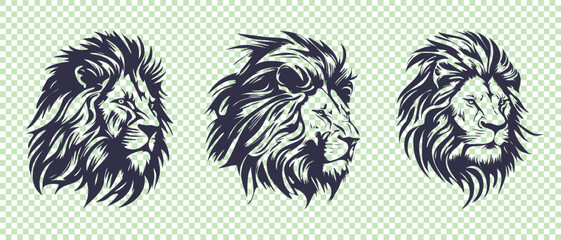 Vector set of half-turned shaggy lion heads. African wild animals. Stencils or stickers. © GAlexS