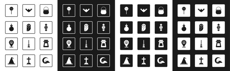 Set Halloween witch cauldron, Owl, Bomb ready to explode, Lollipop, Candy, Flying bat, Bottle with potion and Pumpkin icon. Vector