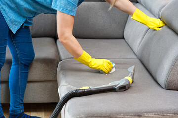 Textile sofa chemical cleaning with professionally extraction method. Upholstered furniture. domestic cleaning service. dust mite