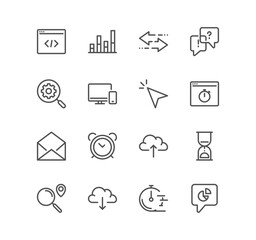 Set of search engine optimization related icons, achieving results, brand manager, development, internet, marketing, network, communication and linear variety vectors.