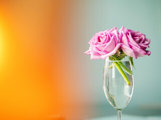 Pink rose bouquet, light blue background, selective focus. Decoration in a house concept. Light and airy look. Warm orange color light leak on left side.