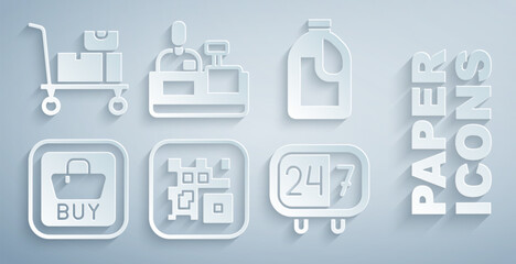 Set QR code, Bottle for cleaning agent, Buy button, Clock 24 hours, Cashier at cash register and Hand truck and boxes icon. Vector