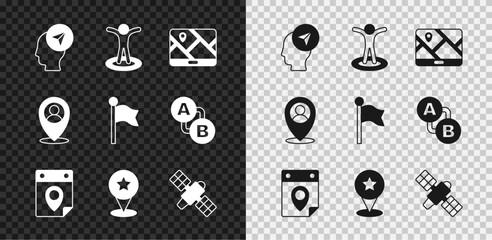 Set Location with person, City map navigation, Travel planning calendar, Map pointer star, Satellite, and marker icon. Vector