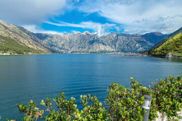 View of the Bay of Kotor, mountains on a cloudy day