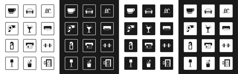 Set Swimming pool, Cocktail, Hair dryer, Coffee cup, Air conditioner, Sofa, Dumbbell and Please do not disturb icon. Vector