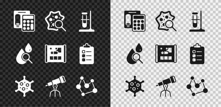 Set Calculator, Microorganisms under magnifier, Test tube flask on stand, Virus, Telescope, Chemical formula, Drop magnifying glass and Graphing paper engineering icon. Vector