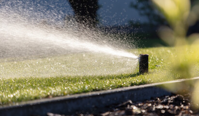 Efficient Watering at Sunrise: Automatic Sprinkler System in Action. Business Gardening Concept Wallpaper