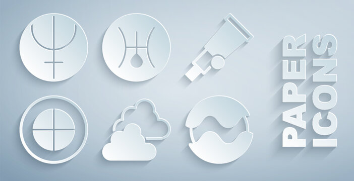 Set Cloudy weather, Telescope, Earth globe, Planet, Symbol Uranus and Neptune planet icon. Vector