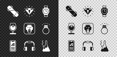 Set Skateboard, Diamond, Wrist watch, Music player, Headphones, Glass bong for smoking marijuana, Wine glass and Rapper icon. Vector