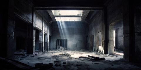 An old and empty hazy industrial ware house. Light coming in from the roof windows, generative AI.
